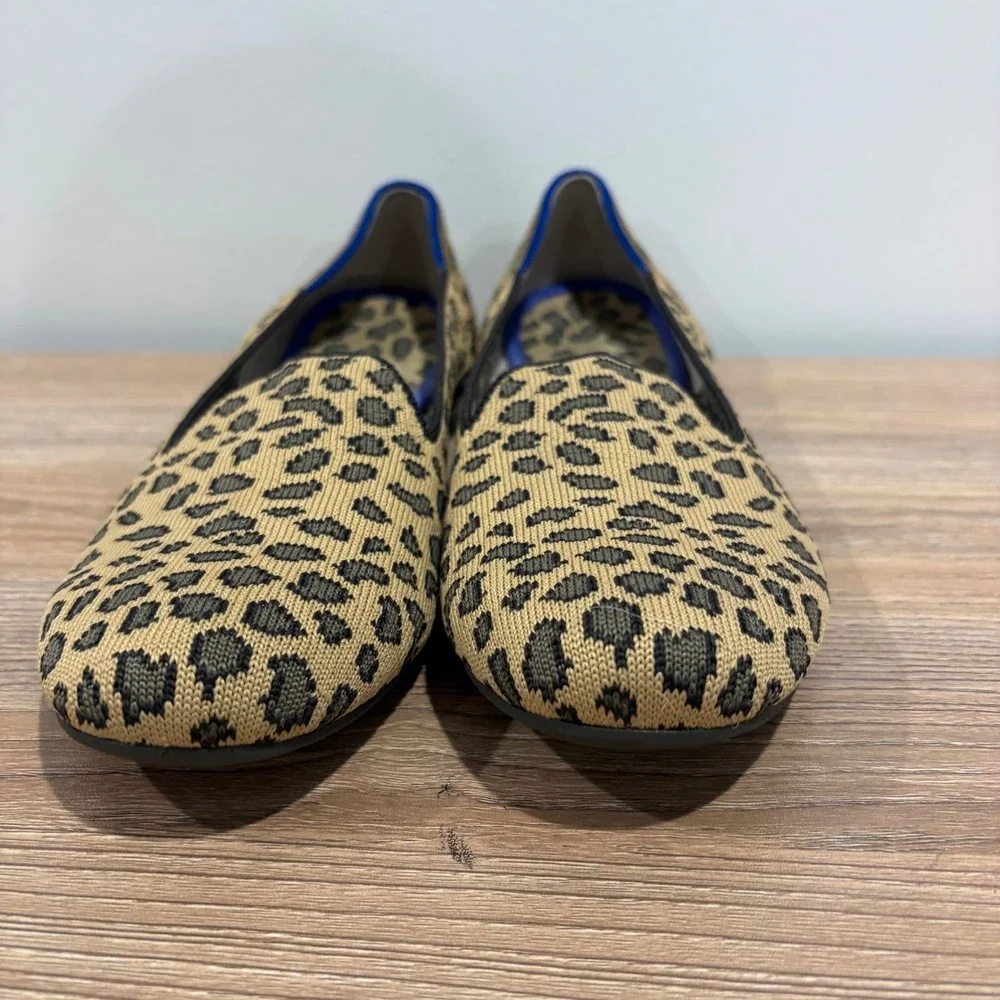 Rothy's The Loafer Leopard Print Flat Shoes Women Tan Black Size 7.5 Knit Animal